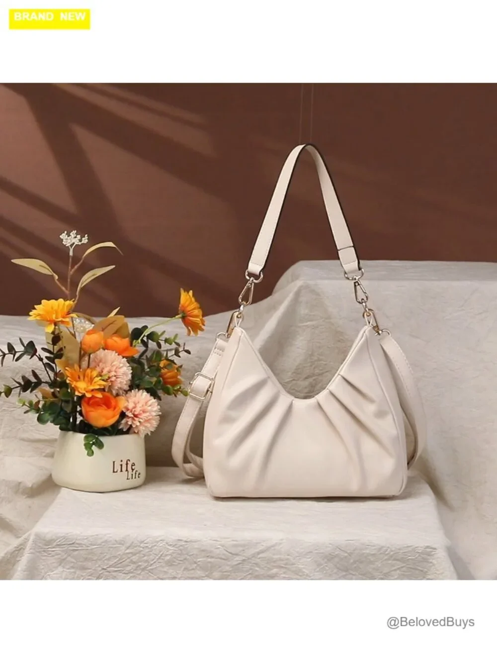 Faux Leather Ruched Hobo Handbag with Removable Straps Crossbody